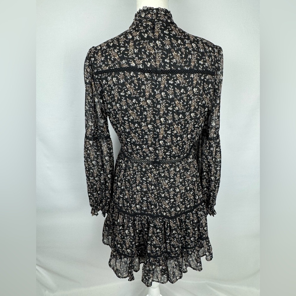 Aqua Ditsy Floral Black Dress Ruffle High Neck Embroidery Small Whimsigoth Boho - Picture 13 of 16